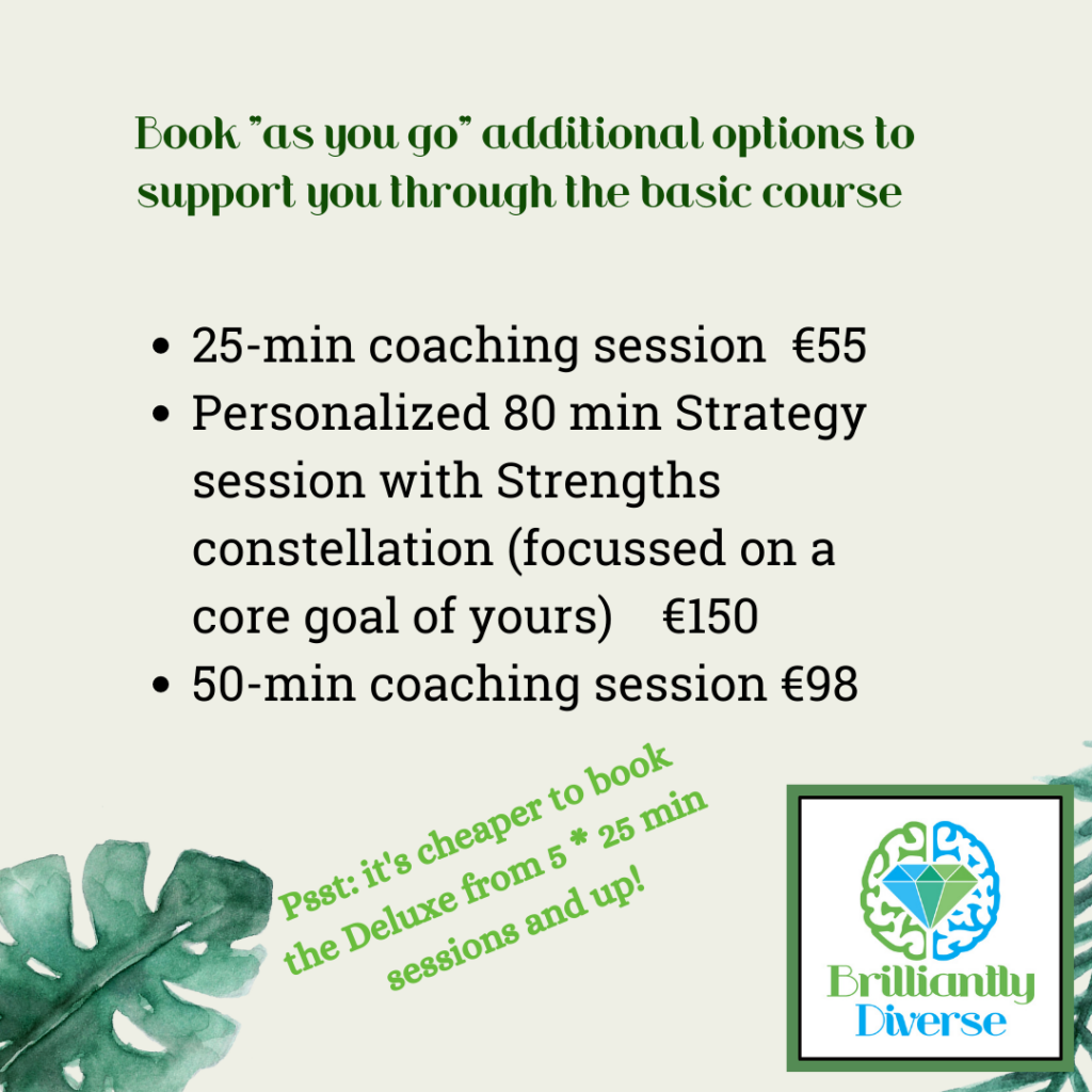 Book "as you go" additional options to support you through the basic course -25-min coaching session €55 -Personalized 80 min Strategy session with Strengths constellation (focussed on a core goal of yours) €150 -50-min coaching session €98 Psst: it's cheaper to book the Deluxe from 5 * 25 min sessions and up!