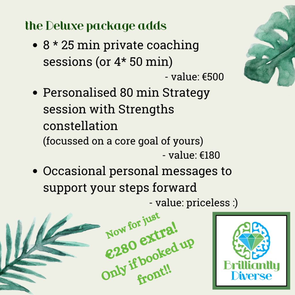 The Deluxe package adds
8 * 25 min private coaching sessions     (or 4* 50 min)  - value: €400
Personalised 80 min  Strategy session with Strengths  constellation (focussed on a core goal of yours) - value: €150
Occasional personal messages to support your steps forward
- value: priceless :)

Now for just 280 euros extra if booked up front