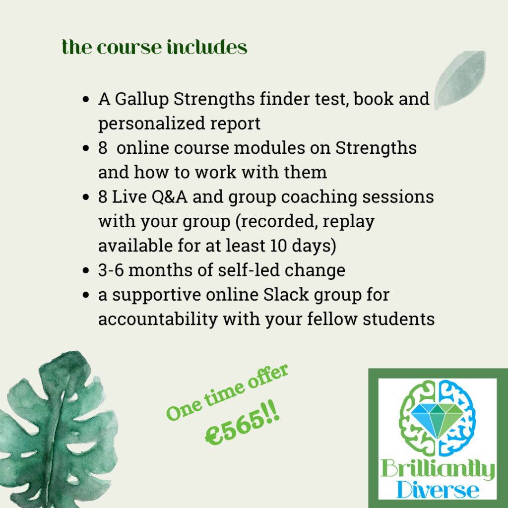 the course includes 
A Gallup Strengths finder test, book and personalized report 
6  online course modules on Strengths and how to work with them
8 Live Q&A and group coaching sessions with your group (recorded, replay available for at least 10 days)
3-6 months of self-led change
a supportive online Slack group for accountability with your fellow students

One time offer 565 euros